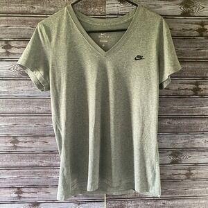 Nike Dri-Fit Women's Short-Sleeved Top Size L Gray‎ V-Neck Logo
